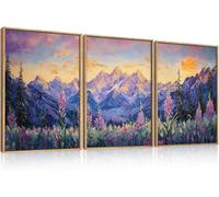 TOARTi Purple Sunset Mountain Landscape Framed Canvas Wall Art Set,Nature Pine Tree Wildflowers Wall Decor,Golden Sunlight Wall Painting,Modern Field Art Prints for Living Room, Bedroom 12x16inchx3