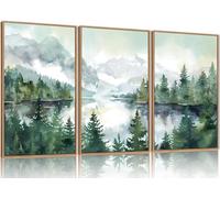 TOARTi Watercolor Mountain Framed Canvas Wall Art Set,Boho Forest Wall Decor,Nature Green Pines Wall Painting,Forest Wilderness Artwork for Living Room,Bedroom,Dining Room,Office - 16x24inchx3