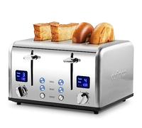 Toaster 4 Slices, Cusimax Stainless Steel Toaster with Ultra-Clear LED Display & 4 Extra-Wide Slots, Defrost/Reheat/Cancel Function, 6 Browning Settings, Removable Crumb Tray, Silver