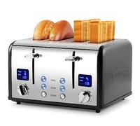 Toaster 4 Slices, Cusimax Stainless Steel Toaster with Ultra-Clear LED Display & 4 Extra-Wide Slots, Defrost/Reheat/Cancel Function, 6 Browning Settings, Removable Crumb Tray, Black