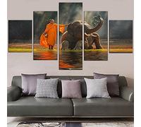 Toaueng Posters & Prints 5 Pieces Canvas Thai Monks And Baby Elephant 150×80Cm 5 Canvas Art Wall Art Five Parts Panel Painting Mural Hd Poster Modern Modular Picture