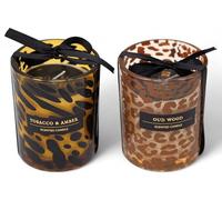 Tobacco & Amber and Oud Wood Scented Candles in Leopard Print Holders - Set of 2