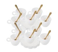 TOBBOMEY 10 Sets Miniature Dollhouse Coffee Play Set White Vintage Cups with Lace Edged Saucers and Metal Spoons Realistic Kitchen Accessories for Role Playing DIY Crafts