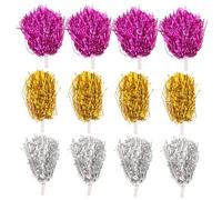 TOBBOMEY 12Pcs Reusable Cheerleading Pom Poms with Handles Metallic Gold Silver Rose Red Lightweight for Sports Events Dance Performances and Cheer Squads