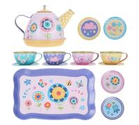 TOBBOMEY 14pcs Imitation Tin Tea Set for , Enchanted Garden Pretend Play Afternoon Tea Party with Teapot, Cups, and Tray, Role Play Kitchen