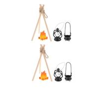 TOBBOMEY 2 Set Miniature Campfire Dollhouse Accessory with Pot and Lantern Realistic Fake Flame Camping Decoration for Tabletop Scenes DIY Miniature Camping Kit for Holiday Photography and
