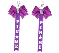 TOBBOMEY 2pcs Cheerleader Bow Ribbon Keychains Rhinestone Charm, Purple Cheer Pin Me Accessories for Backpacks and Purses, Sparkle Bling Decoration for Girls and Women