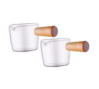 TOBBOMEY 2Pcs Espresso Shot Glass with Single Spout and Comfortable Wood Handle Unbreakable Glass Measuring Cups for Syrup Creamer and Sauce Dispensing for Home Coffee Shops and Restaurants