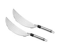 TOBBOMEY 2pcs Stainless Steel Kitchen Pot Strainer with Comfortable Handle Crescent Pan Strainer for Frying Noodles Soup Dumplings with Hanging for Easy Storage