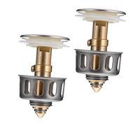 TOBBOMEY 2pcs Wash Basin Bounce Drain Plug with Anti-clogging Strainer Press Pop-up Water Stopper for Bathroom Sink Easy to Install Hair Catcher Filter Random Color