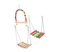 TOBBOMEY 3pcs Wooden Bird Swing Set with Bells Climbing Ladder and Hammock Perches for Parrots Lovebirds and Parakeets Chewing and Hanging Cage Accessories Colorful Pet for Mental