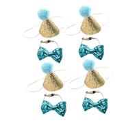 TOBBOMEY 4 Set Pet Birthday Decoration Kit with Sequins Party Hats and Bow Ties Soft Lightweight Pom Pom Headbands for Small Dogs Kittens Puppies Reusable Pet Collar Tie for Festive