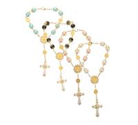 TOBBOMEY 4pcs Handmade Cross Prayer Beads Bracelet with Glass Pearls for Catholic Rosary Devotion Versatile Beaded Wrist Car Hanging Jewelry Spiritual Baptism Yoga Wedding Party Favors