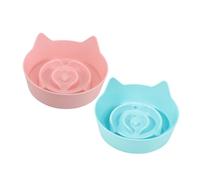 TOBBOMEY Cat Feeding Bowl Set 2pcs Slow Feeder Non-slip Cat Ear Design Shallow Food Plate Candy Colors Pink Blue for Kittens Home Use