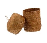 TOBBOMEY Handmade Woven Seagrass Mini Round Basket with Lid, Small Decorative Storage Box for Candy, Living Room and Packaging, Orange Braided Seagrass Storage Basket