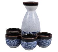 TOBBOMEY Japanese Ceramics Sake Serving Set with Pot and Four Cups Elegant Wave Pattern Traditional Japanese Style for Sake Lovers and Festive Gift