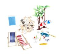 TOBBOMEY Resin Micro Landscape Beach with Red Blue Umbrellas Lounge Chairs Table Surfboard Dolphins and Shells for Dollhouse Fairy Garden DIY Decoration