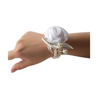 ToBe-U 2 Pcs Bridal Silk Wrist Flower with Faux Pearl Bead Stretch Bracelet Wristband