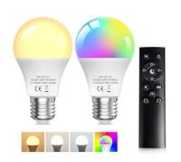 TobeBright E27 A60 RGB LED Bulbs, 9W Dimmable 3 Colour Temperatures+RGB Colour Changing Bulbs with Remote Control, Warm White Cold White Natural White, Mood Lighting for Party Bar Halloween(2-Pack)