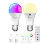 TobeBright E27 Rechargeable Light Bulb with Remote Control,Battery Light Bulb,RGB Color Changing & 3 Color Temperature,Dimmable Bulb with Timer Function for Wireless Table Lamps, Bedside Lamp,2 Pack