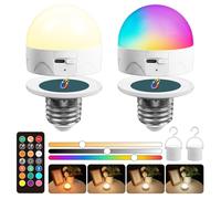 TobeBright E27 Rechargeable Light Bulb with Remote, RGB Colours 3 Colour Tempertures Dimmable Battery Powered LED Bulbs, with 1800K Night Light Mode, for Camping, Bedside, Emergency Lighting(2-Pack)