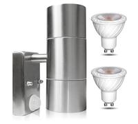 TobeBright Mains Powered PIR Up Down Wall Lamp IP65 Waterproof Outdoor Stainless Steel Wall Light PIR Ip Down Wall Llamp with 2 x 5W GU10 LED Warm White 3000K Dusk to Dawn Outside Lights Sensor (1Pcs)