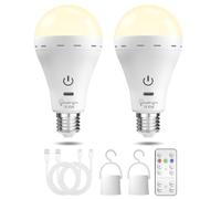 TobeBright Rechargeable Light Bulb with Remote, 10W Touch Control E27 LED Bulb, 3 Colour Temperatures Adjustable + 10-100% Dimmable, Outdoor Camping Emergency LED Light Bulb with Hook, 2 Pack