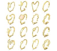 TOBENY 16PCS Adjustable Rings for Women 14K Silver Gold Plated Knuckle Stackable Rings Butterfly Arrow Knot Wave Rings Thumb Midi Finger Rings for Teen Girls, Metal, alloy
