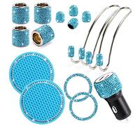ToBeQueen 15 Pack Blue Bling Car Accessories Set for Women,Blue Bling Headrest Collars,Blue USB Car Charger,Blue Car Hooks,Blue Bling Car Coasters,Blue Bling Tire Caps,Blue Car Bling Rings(Blue)