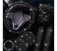 ToBeQueen 7 Pack Black Bling Car Accessories Set,Crystal Diamond Car Accessories for Women Girl 15 inch,Seat Belt Covers,Bling Gear Shift Cover,Push Start Button Ring,Bling Car Coaster,Black