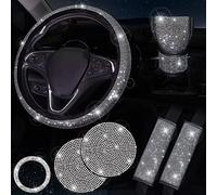 ToBeQueen Bling Car Accessories Set of 7,Crystal Rhinestone Diamond Car Interior Accessories,Bling Steering Wheel Cover,Bling Seat Belt Cover,Gear Shift Cover,Car Bling Ring,Bling Car Coasters,Silver