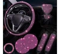 ToBeQueen Bling Pink Steering Wheel Cover Set Bling Car Accessories Set,Steering Wheel Cover Fit 15Inch, Sparkling Shoulder Pad, Rhinestone Gear Shift Cover and Cup Holder, 7 Pack, Pink