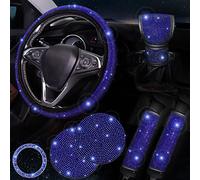 ToBeQueen Bling Pink Steering Wheel Cover Set Bling Car Accessories Set,Steering Wheel Cover Fit 15Inch, Sparkling Shoulder Pad, Rhinestone Gear Shift Cover and Cup Holder, 7 Pack, Blue