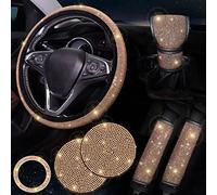 ToBeQueen Gold Steering Wheel Cover Set 15 inch,7 Pack Crystal Rhinestone Diamond Bling Gold Car Accessories,Seat Belt Cover,Gold Gear Shift Push Start Button Cover, Cup Coasters,Champagne