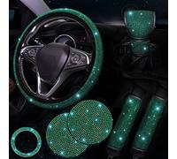 ToBeQueen Green Diamond Bling Car Accessories Set, 7 Pack: Steering Wheel Cover (15 inch), Seat Belt Cushions (2), Gear Shifter Cover, Push Start Button Cover, Car Cup Coasters (2), Green