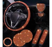 ToBeQueen Orange Steering Wheel Cover Set 15 inch,7 Pack Crystal Rhinestone Diamond Orange Bling Car Accessories,Seat Belt Cushion,Bling Shift Knob Cover,Puch to Start Ring,Car Cup Coaster,Orange