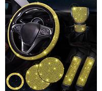 ToBeQueen Yellow Steering Wheel Cover Set 15 inch,7 Pack Crystal Rhinestone Diamond Yellow Bling Car Accessories Set,Seat Belt Cover,Bling Gear Shift Cover,Puch Start Ring,Car Cup Coaster,Yellow