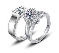 Tobestu A Pair of Promise Wedding Bands for Him and Her, Platinum Plated Round Cubic Zirconia Crown Solitaire Engagement Rings Y1200