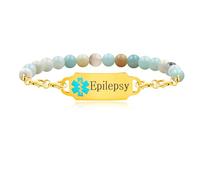 Tobestu Amazon Stone Medical Information Beaded Bracelet for People in Need- Gold Plated Green Medical Symbol Bracelets - Epilepsy YA5049