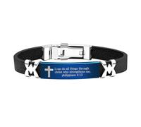 Tobestu Black PU Leather Bible Quote Cross Faith Bracelet - Blue Stainless Steel Plate Engraved With I Can Do All Things Through Christ Who Strengthens Me (Philippians 4:13) SA5126