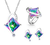 Tobestu Charm Rainbow Created Topaz Mystic Big Square Crystal Necklace Matching Stud Earrings Rings White Gold Plated Wedding Jewelery Set (Multicolor, Size 5) T295