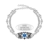 Tobestu DIABETES ON INSULIN Medical Bracelet - Heart Link Design with Blue Symbol for Everyday and Casual Use YA6287