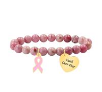 Tobestu Faith Over Fear Red Wood Jasper Beaded Bracelet - Heart Tag with Motivational Message and Pink Enamel Ribbon Design YA6033