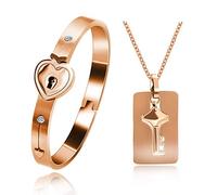 Tobestu His and Hers Love Heart Key Lock Matching Bangle Bracelet & Pendant Necklace, Rose Gold Plated Couples Jewelry (2.4inch-Rose Gold)