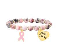 Tobestu Never Give Up Pink Zebra Stone Beaded Bracelet with Heart Charm - Inspirational Awareness Jewelry Pink Ribbon Design YA6033