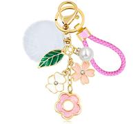 Tobestu Pink Braided PU Leather Keychain Sakura Flower Leaf Pearl Keyring Car Key Chain Accessories Bag Backpack Charm Y2294