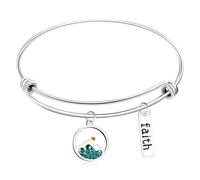 Tobestu Platinum Plated Bangle Bracelets with Green Mountain Mustard Seed Pendant and Faith Tag - Stainless Steel Religious Jewelry for Women YA4995