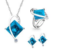Tobestu Platinum Plated Brass Blue Simulated Square Diamond Charm Pendant Necklace Piercing Drop Earrings Solitaire Finger Rings Wedding Promise Jewelry Set (Blue, Size 7) T295