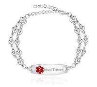 Tobestu Red Medical Symbol Blood Thinner Bracelet for Sick Individuals People - Stainless Steel Double Layer Heart Link Chain Emergency Alert ID Bracelets YA3990