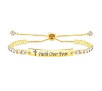 Tobestu Stainless Steel Plate Engraved Cross and Faith Over Fear Tennis Bracelet with Adjustable Bolo Clasp - Gold Plated Inspirational Religious Jewelry Y4390